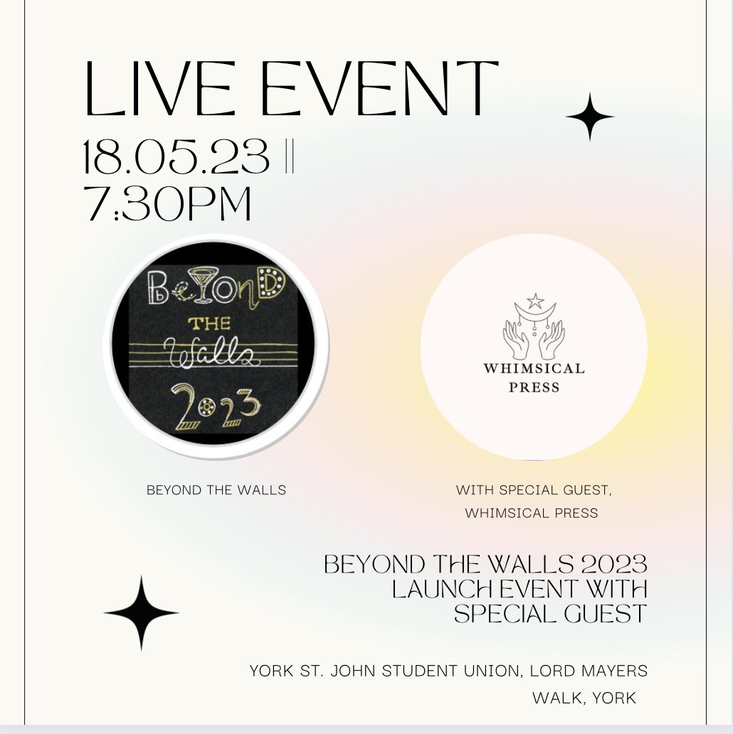 WhimsicalPress's tweet photo. So proud to be part of an event with the @beyondysj team! If you’re free on Thursday night and local to York, come along to grab some copies of Seasons and support small presses🫶 #supportsmall #indiepress #litevents https://t.co/tZmnmeZWoQ