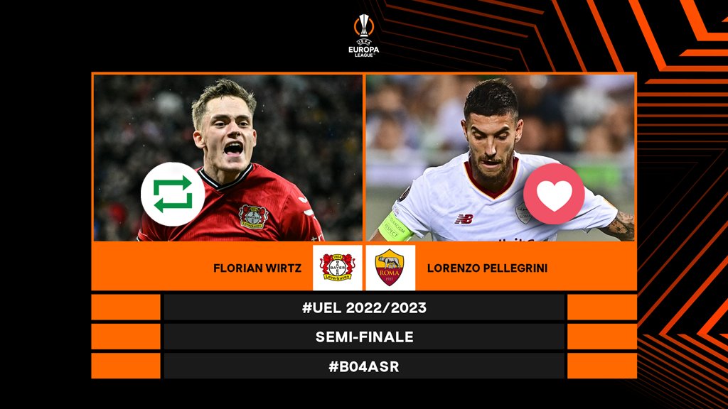 #UEL Countdown! ⏳🤩⚽️

🔁 = Florian #Wirtz 🇩🇪
❤️ = <a href="/LorePelle7/">Lorenzo Pellegrini</a> 🇮🇹

#B04ASR | <a href="/bayer04fussball/">Bayer 04 Leverkusen</a> | <a href="/OfficialASRoma/">AS Roma</a>