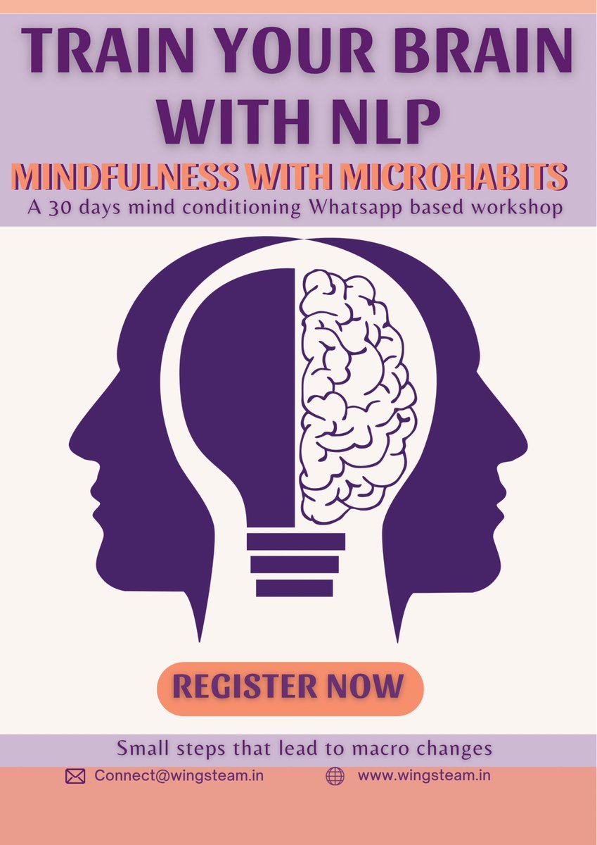 wingsteam2011's tweet photo. MINDFULNESS with MICROHABITS

Starts from 1st June 2023.
I’m 
• Fee INR 599/- 
• 5 mins a day
• Build Micro-habits using key
  NLP principles.⠀
⠀⠀
Hurry up, register now.
Link to register:-

https://t.co/NZP4o6t0xQ

#microhabits #selfcoaching #stepbystep #Mindfulness https://t.co/PkBV6kK1mm