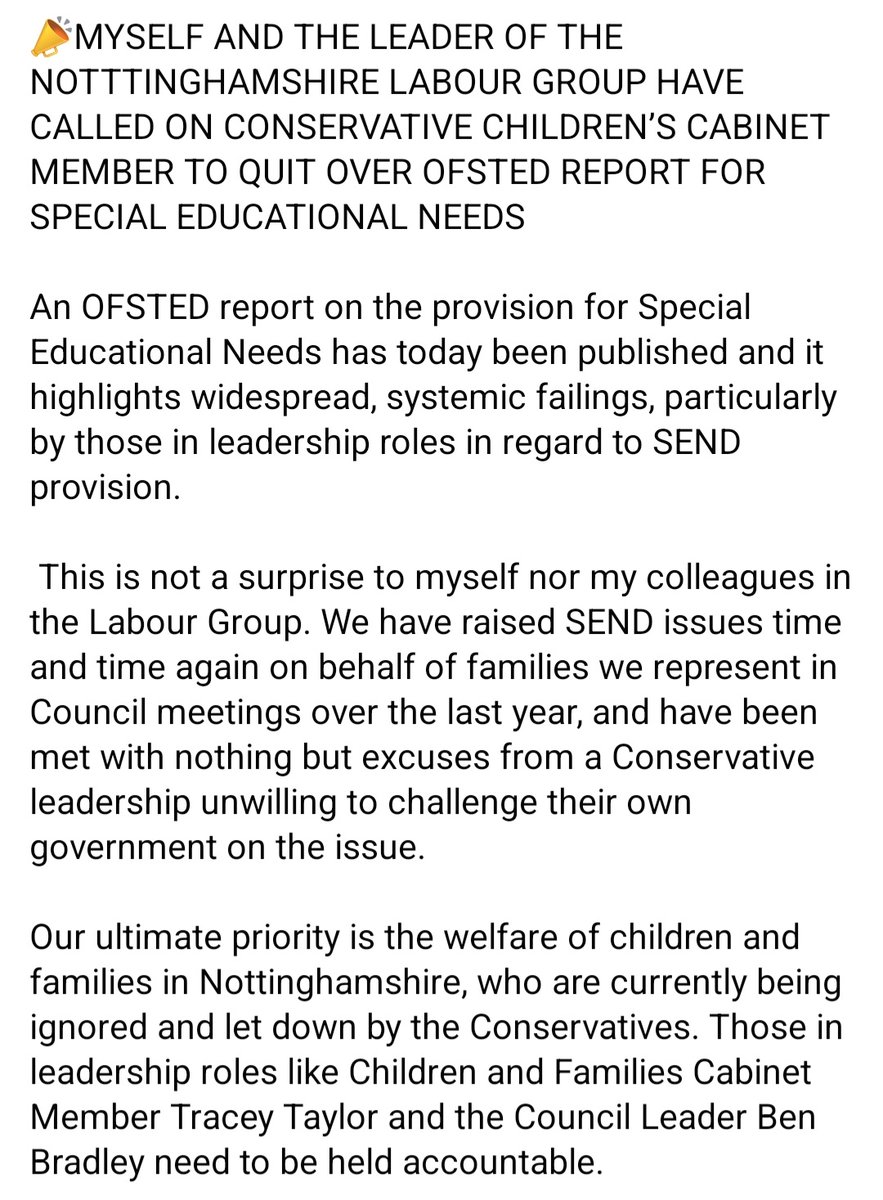 MichelleWelshMP's tweet photo. An OFSTED report on the provision for Special Educational Needs @NottsCC has today been published and it highlights widespread, systemic failings, particularly by those in leadership roles in regard to SEND provision. Here is my statement as Shadow Cabinet Member 👇 https://t.co/hbMbYIaV7M