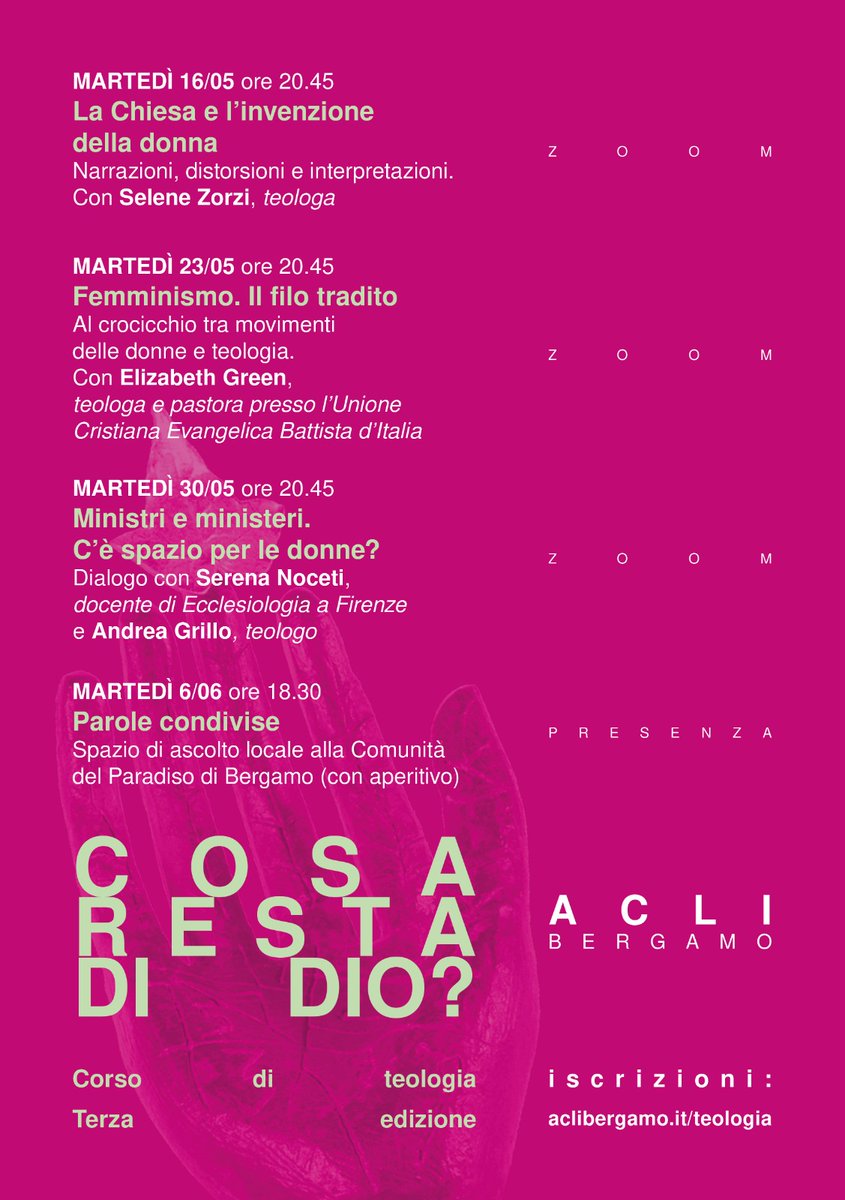 BergamoAcli's tweet photo. 📌Inizia oggi #16maggio (ore 20.45), la terza edizione di "Cosa resta di Dio?". Se ritenete che le queste questioni indagate siano importanti, se le mettete in discussione, se vorreste saperne di più, se non siete d'accordo, questa è un'opportunità per informarsi e confrontarsi https://t.co/L0aszI10m6