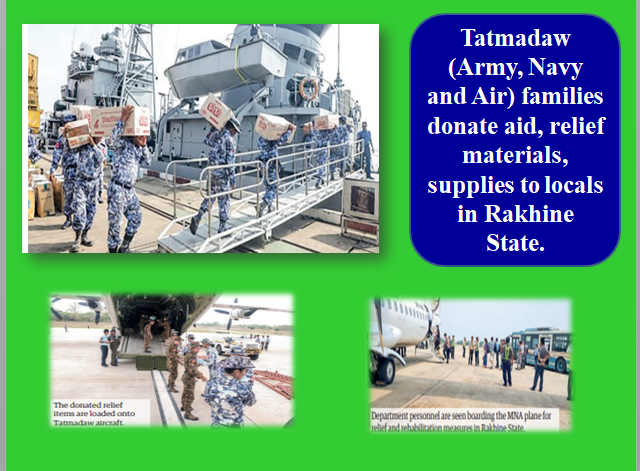 ViewsofMM22's tweet photo. Tatmadaw (Army, Navy and Air) families donate aid, relief materials, supplies to locals in Rakhine State #Myanmar #WhatsHappeninglnMyanmar #MochaUpdate https://t.co/YlQLcFPWnW