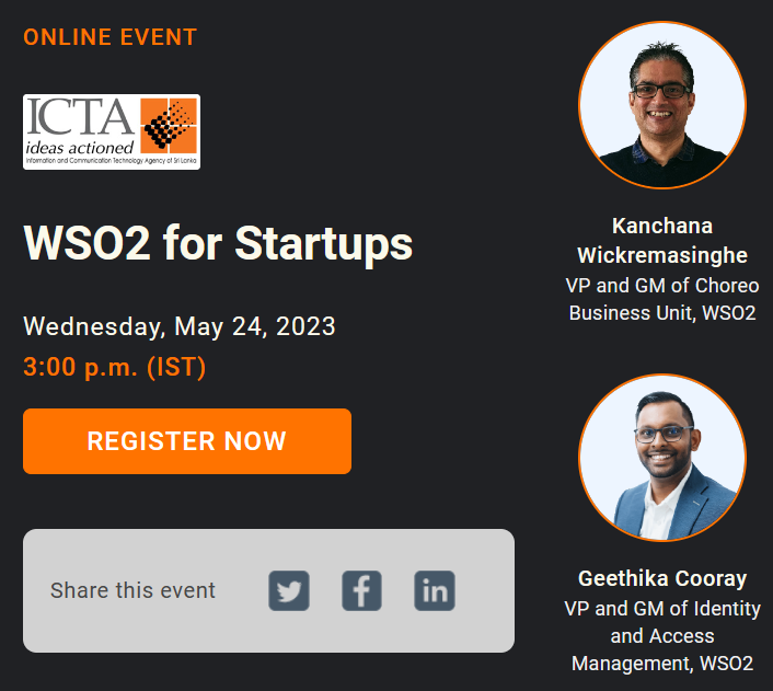 startup_sl's tweet photo. Webinar on WSO2 SaaS Suite for Startups in Sri Lanka

This event is suitable for any startup that’s looking to build a mobile or web app. It will take place on Wednesday, May 24, at 3:00 p.m. (IST).

Do not miss this wonderful opportunity. 
Register Now: https://t.co/ceonYlRC1N https://t.co/2yM3SynQTZ