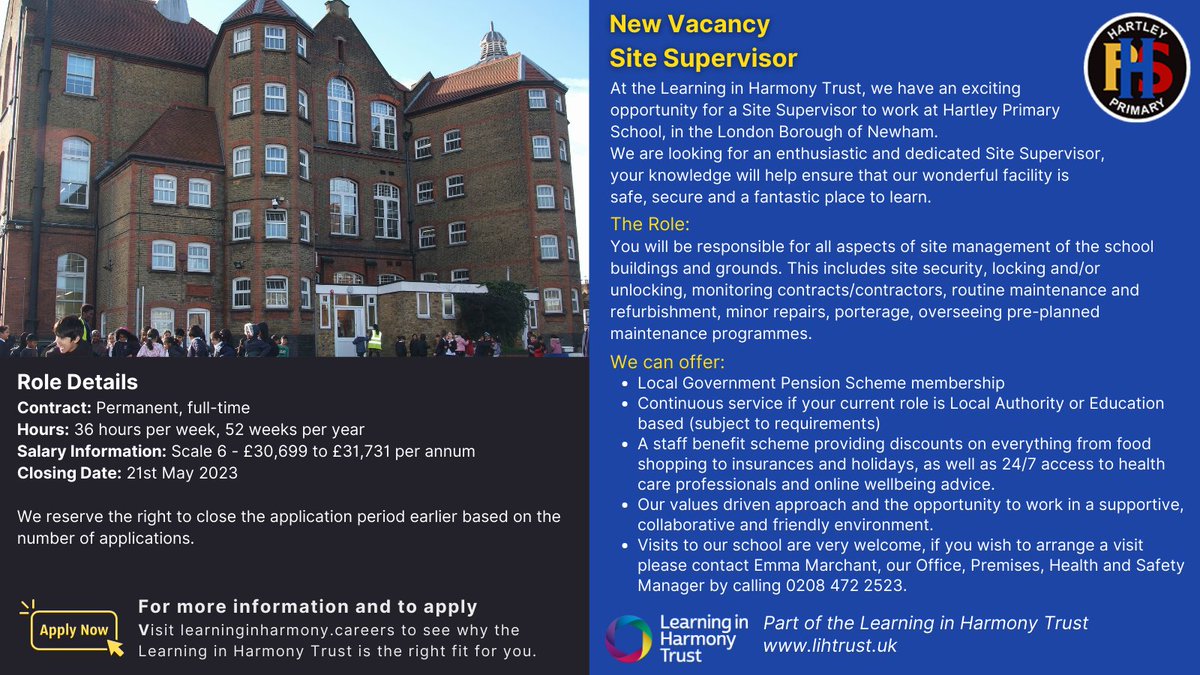 hartley_primary's tweet photo. We have an exciting opportunity for a Site Supervisor to join our team!  We're looking for someone who is enthusiastic, dedicated, and passionate about making a difference. Find out more and apply online at https://t.co/9vOpfQKnLJ #newham #london #schooljobs https://t.co/cpdiHynEGt