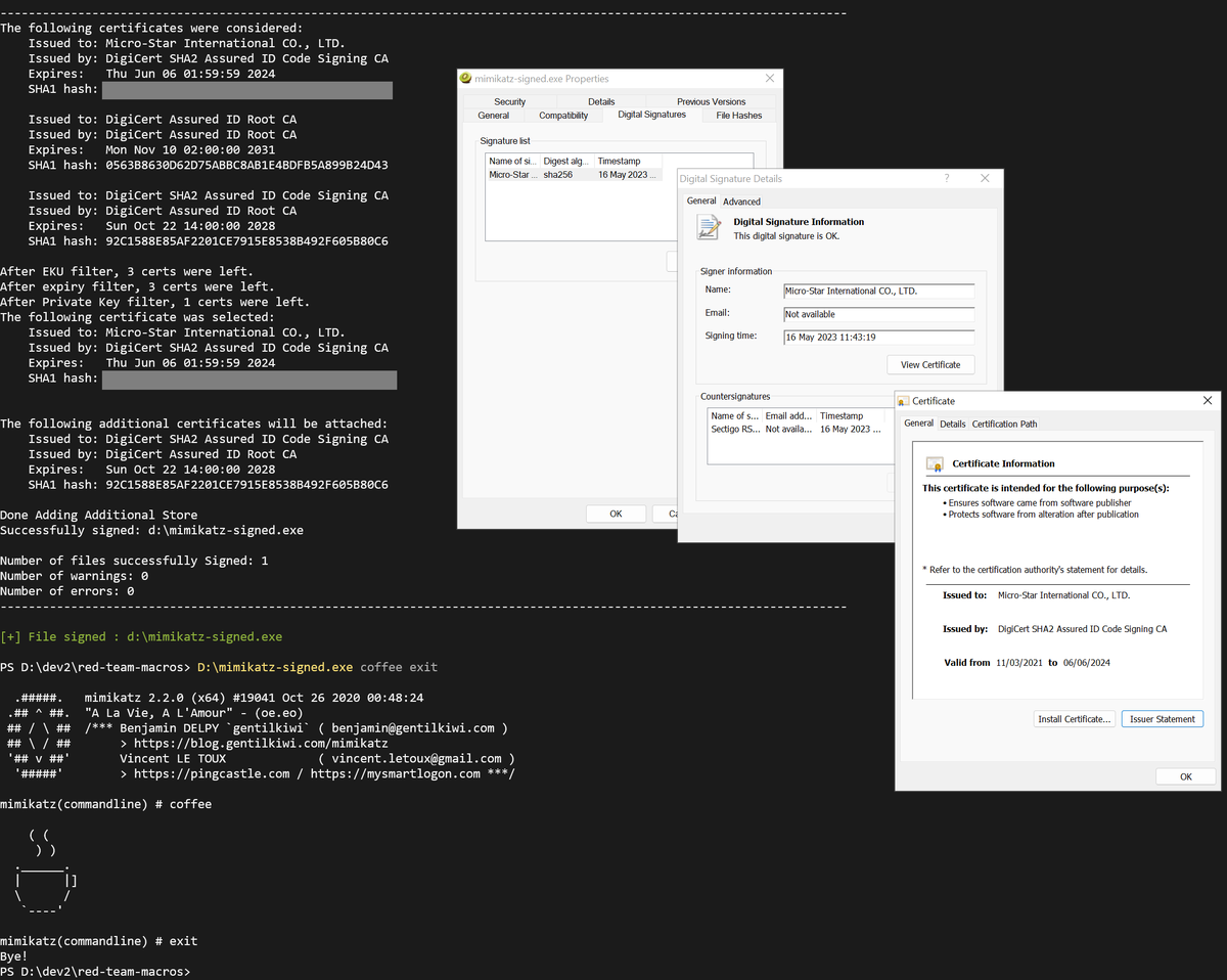 mariuszbit's tweet photo. ☢️MSI leaked code signing certificate already abused by Threat Actors (expires in 2024).  

I've collected 9 recently leaked certificates to cover up in upcoming Modern Initial Access training sessions🔥

https://t.co/vhHKWITJaC

👾 Already weaponised in Red Macros Factory 1.8! https://t.co/hB7fpYGGOu