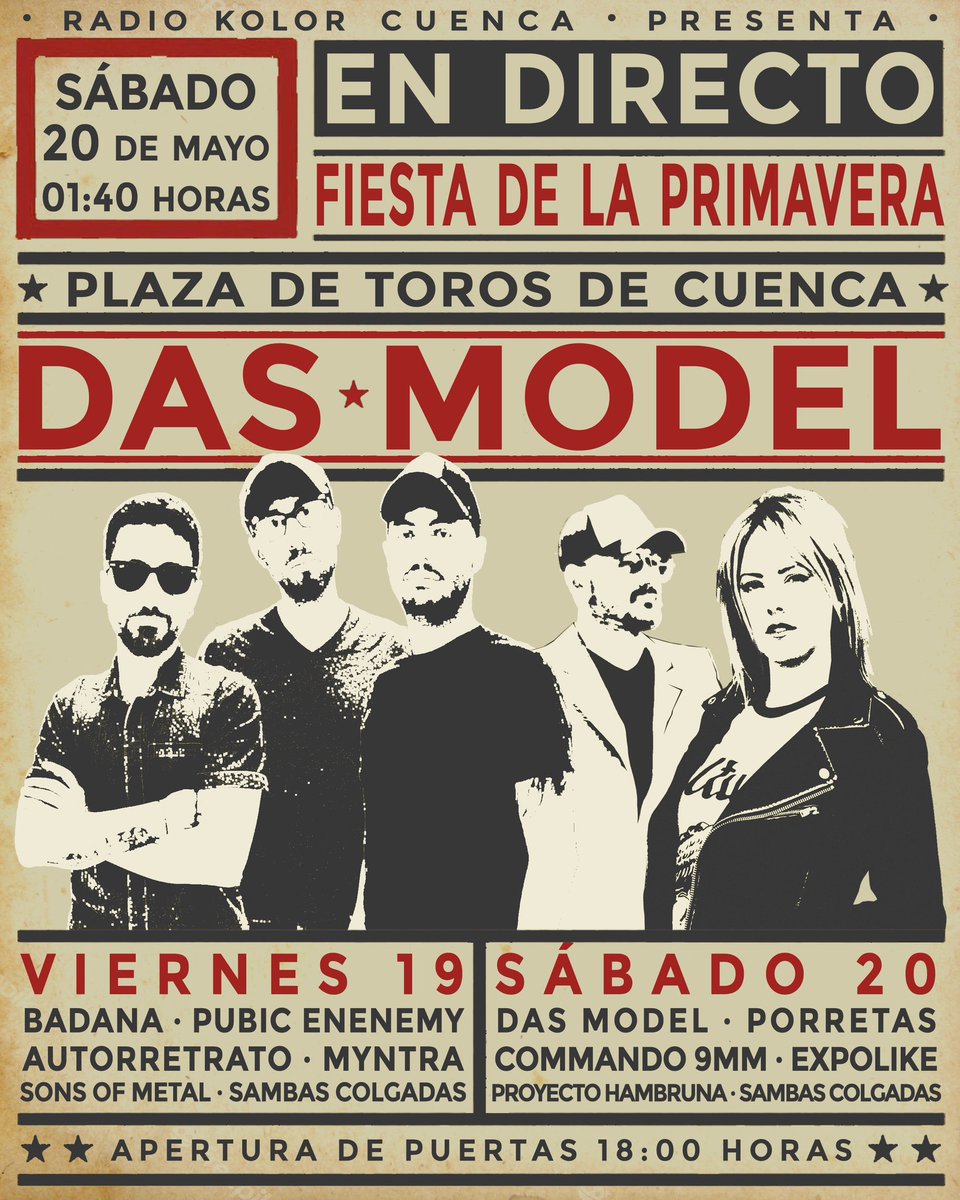 dasmodelband's tweet photo. El próximo sábado nos vemos en la #fiestadelaprimavera de @Radio_kolor 🎸 compartiendo escenario con @Porretas5 💥 #commando9mm 💥 @expolike y Proyecto Hambruna ⚡️⚡️ os esperamos…
.
.
.
#somosmusica #conciertos #planazo #youandi
#DasModel #Musica #somosdasmodel https://t.co/kN0vxxUTGa