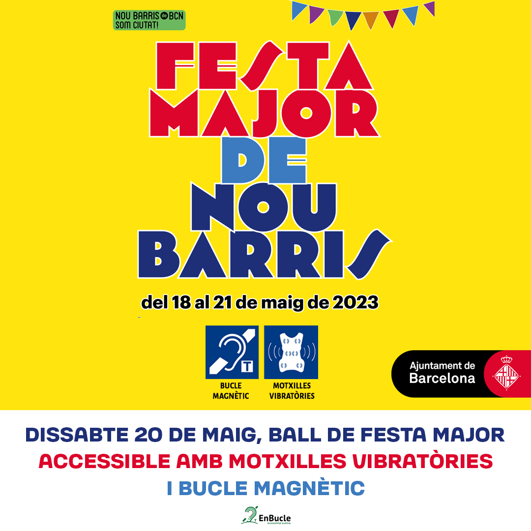 EnBucleBcn's tweet photo. 🟢 Aquest dissabte 20 de maig a les 23:30h no us perdeu el ball de la Festa Major de Nou Barris, accessible amb motxilles vibratòries i bucle magnètic. #musicaaccessible #culturaaccessible #accessibilitat #motxillesvibratories #buclemagnètic #mochilasvibratorias #accesibilidad https://t.co/t6GotMYnFm