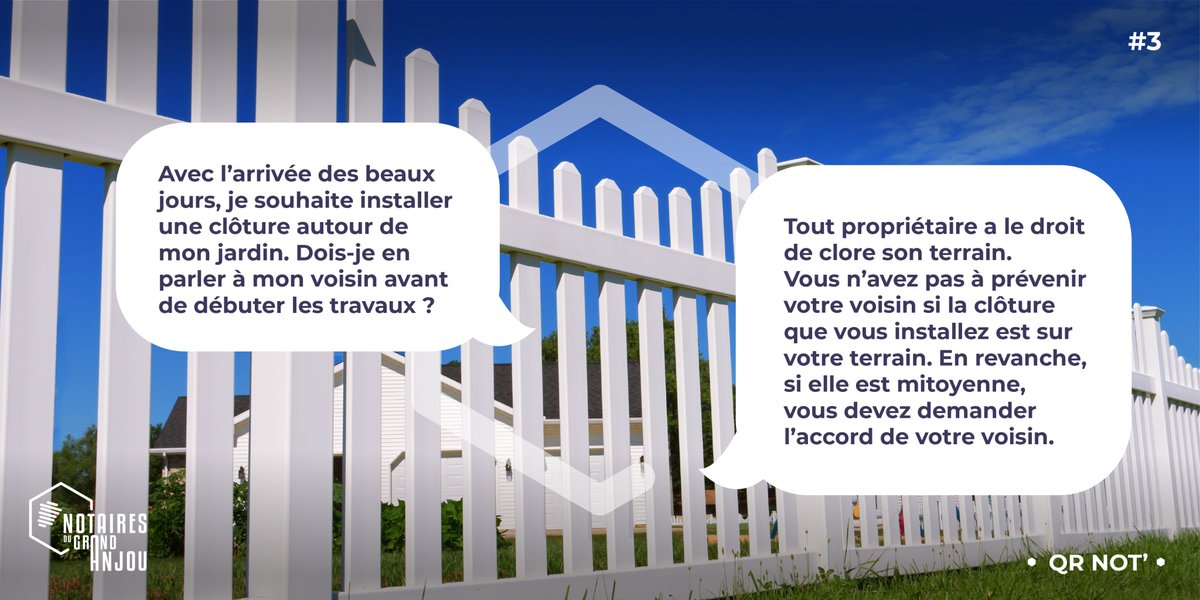 QR NOT’ : Vous avez une question❓ Les notaires ont la réponse ❗

☀️ 🏡🌱Avant d’effectuer des aménagements extérieurs, renseignez-vous auprès de votre notaire sur vos droits et devoirs, notamment vis-à-vis de vos voisins.

#qrnot #jardin #travaux #notariat