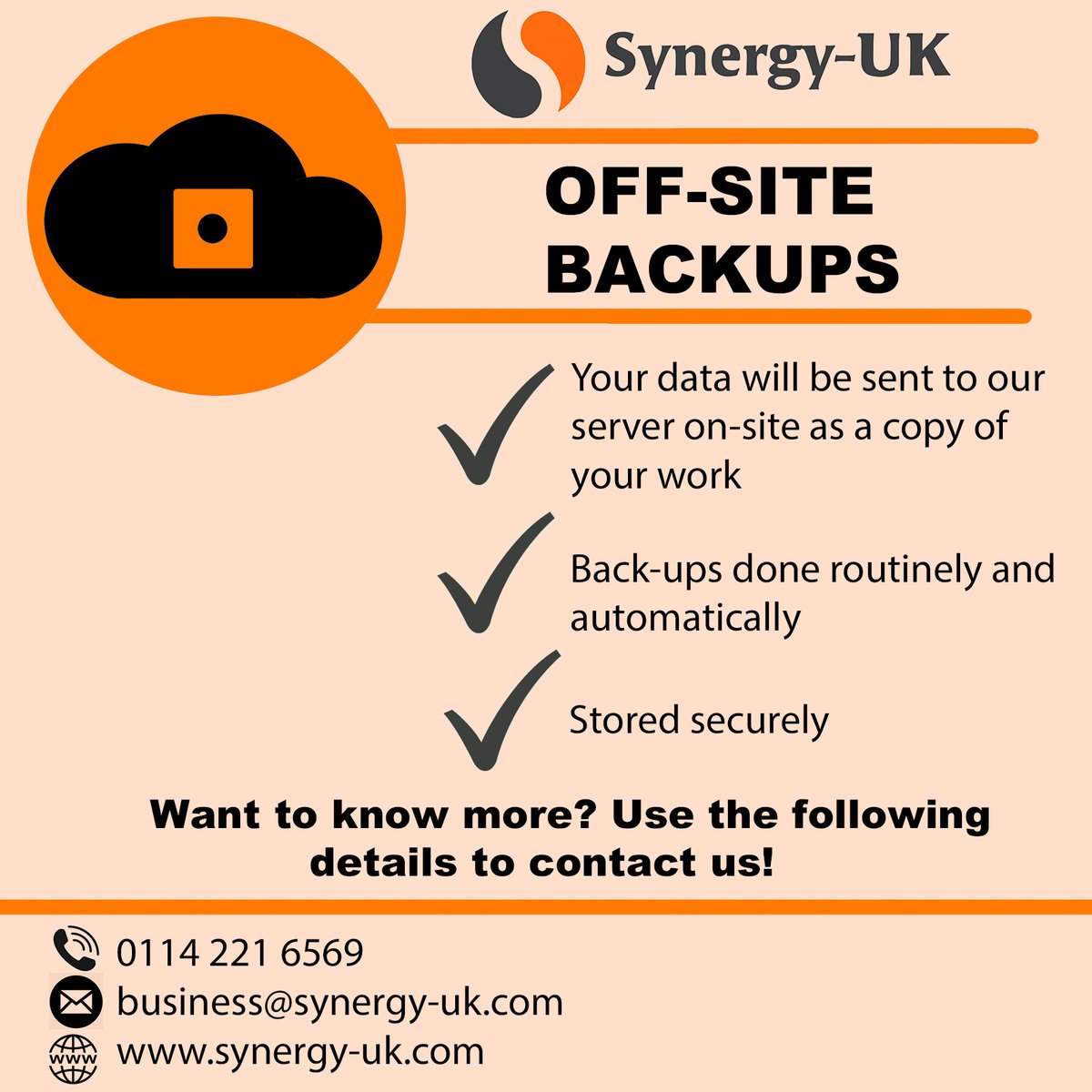 We can offer Off-Site Backups of your data to protect your business from the worst-case scenario!
 
Contact us for more information  
📲0114 221 6569 
📩business@synergy-uk.com 
👩‍💻synergy-uk.com

#business #itsupport #Sheffield #Security #cybersecurity #BACKUP #Services