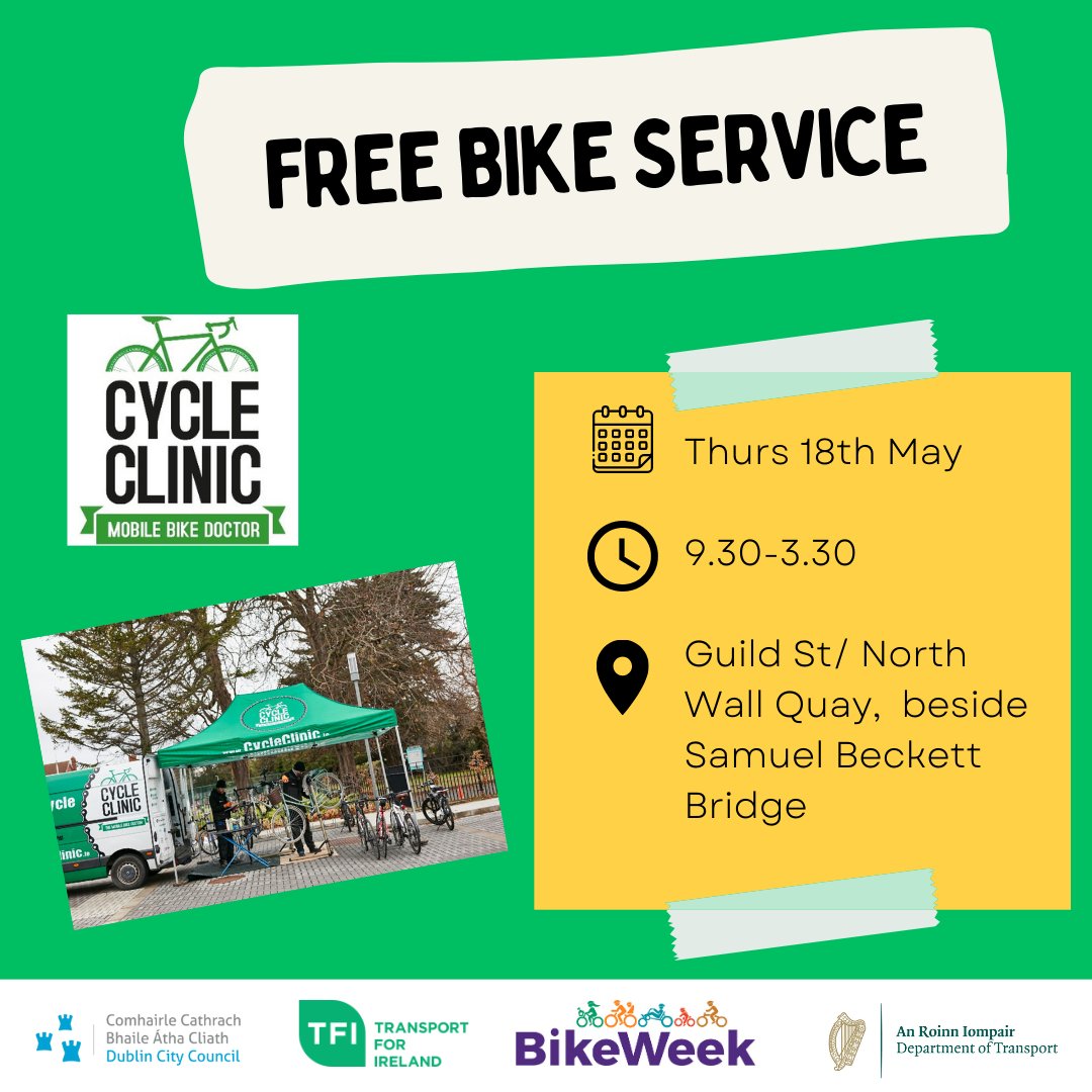 Need your bike serviced before the Pedalpalooza cycle parade? Come along to Guild Street on Thurs 18th for a free bike service provided by the Cycle Clinic. First come, first served! #bikeweek #cycledublin #pedalpaloozadublin #bikeweek2023