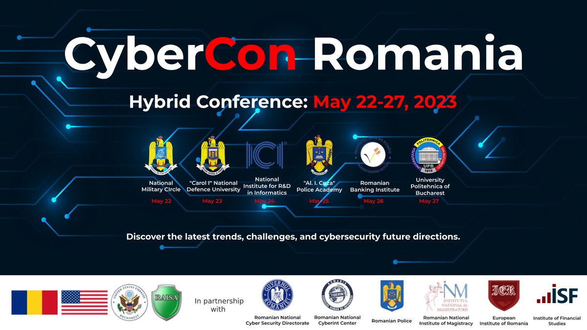 #CyberCon Romania 2023 is just around the corner!

Join us to discover the latest trends, challenges, and future strategic directions in #cybersecurity from May 22-27, 2023.

Visit our website to learn more - cybercon.ro.

#cyberdefence #cyberresilience #cybercrime