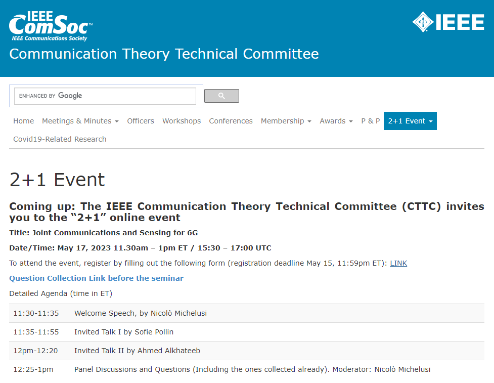 NetworkedSystem's tweet image. Prof. Sofie Pollin will give a talk on &quot;Indoor integrated communication and sensing&quot; at the 2+1 event organized by the IEEE Communication Theory Technical Committee (CTTC). Follow this link for registration: comt.committees.comsoc.org/21-event-2/
#event #ieee #communication #sensing #isac #jcas