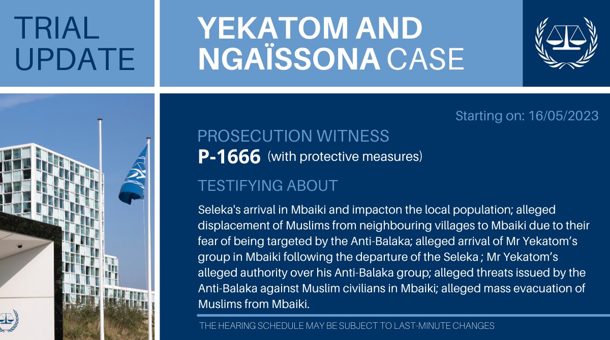 📺 #Yekatom & #Ngaïssona trial #ICC: The 68th witness called by the Prosecution  – ‘P-1666’  – starts testifying. Watch it here ➡ bit.ly/3v7Xq0S  (Courtroom 1) 
📖 More info about this trial for alleged war crimes & crimes against humanity #CAR : bit.ly/33OWYnW