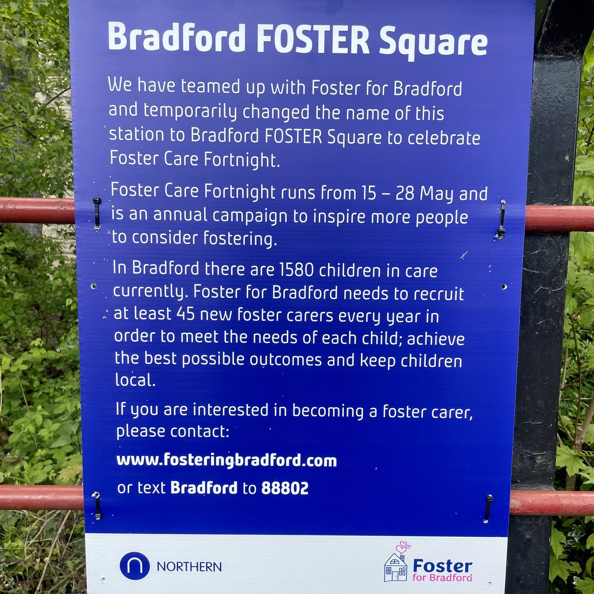 northernassist's tweet photo. *bing bong* 
“The next station will be Bradford FOSTER Square!”

We’ve temporarily renamed Bradford Forster Square signage to help celebrate foster care week in partnership with @BradfordCFT. https://t.co/5ERKw6XfyE