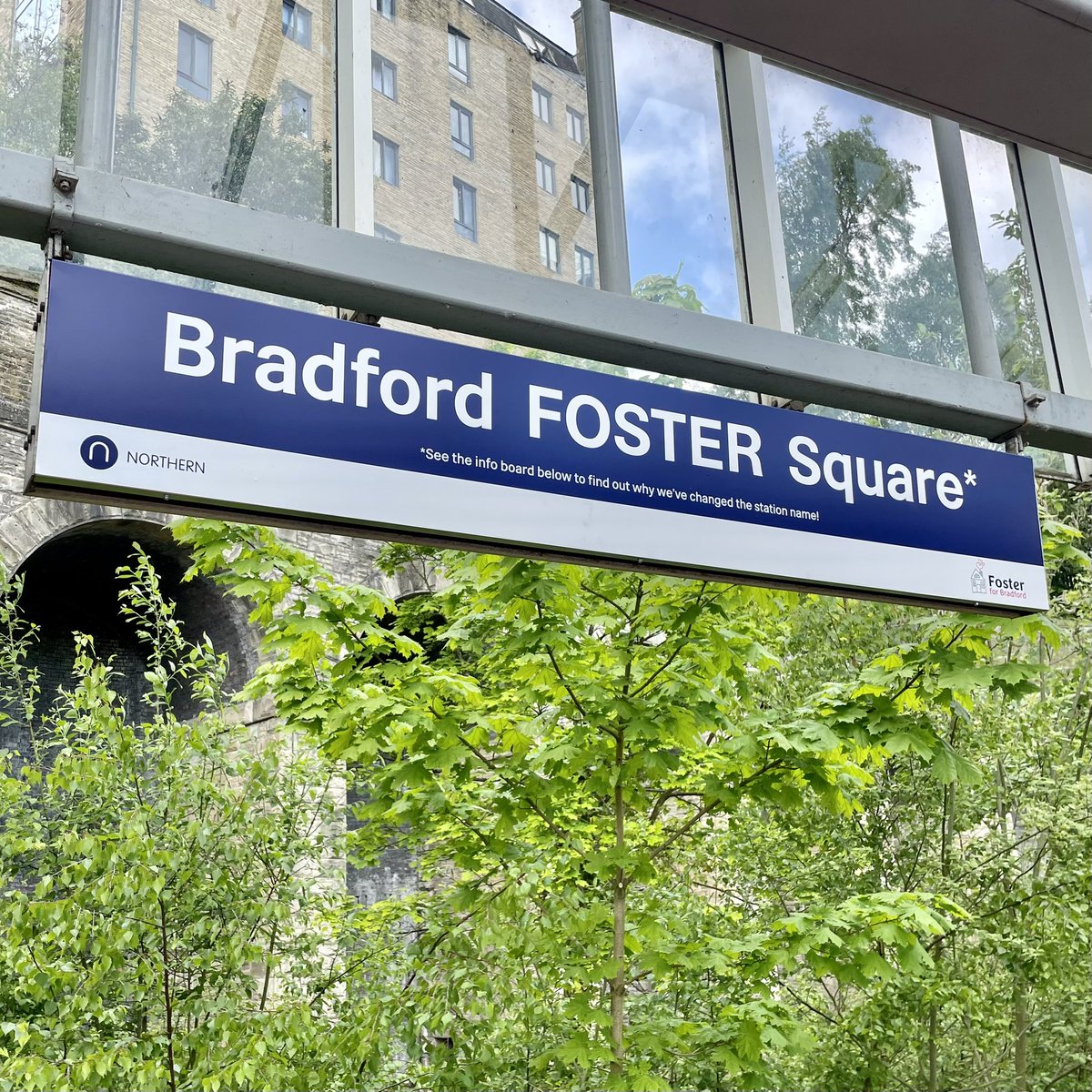 northernassist's tweet photo. *bing bong* 
“The next station will be Bradford FOSTER Square!”

We’ve temporarily renamed Bradford Forster Square signage to help celebrate foster care week in partnership with @BradfordCFT. https://t.co/5ERKw6XfyE