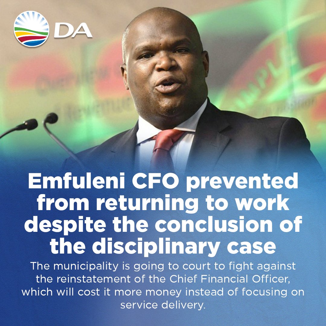 DA_GPL's tweet photo. Just read about the #Emfuleni CFO who's being prevented from returning to work despite the conclusion of his disciplinary case. 
#Accountability #ServiceDeliveryMatters @kingsoljr 

Read more: https://t.co/gjIS3tsJwm https://t.co/2edm0XsZFi
