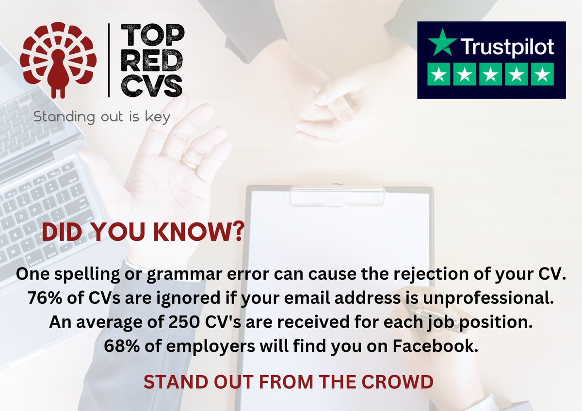 For more information give us a call on 0333 335 5720 or email support@topredcvs.co.uk

#cv #curriculumvitae #resume #recruitment #jobs #jobsearch #employment #interview #newjob #jobhunt #linkedIn #branding #marketing #smallbusinessuk