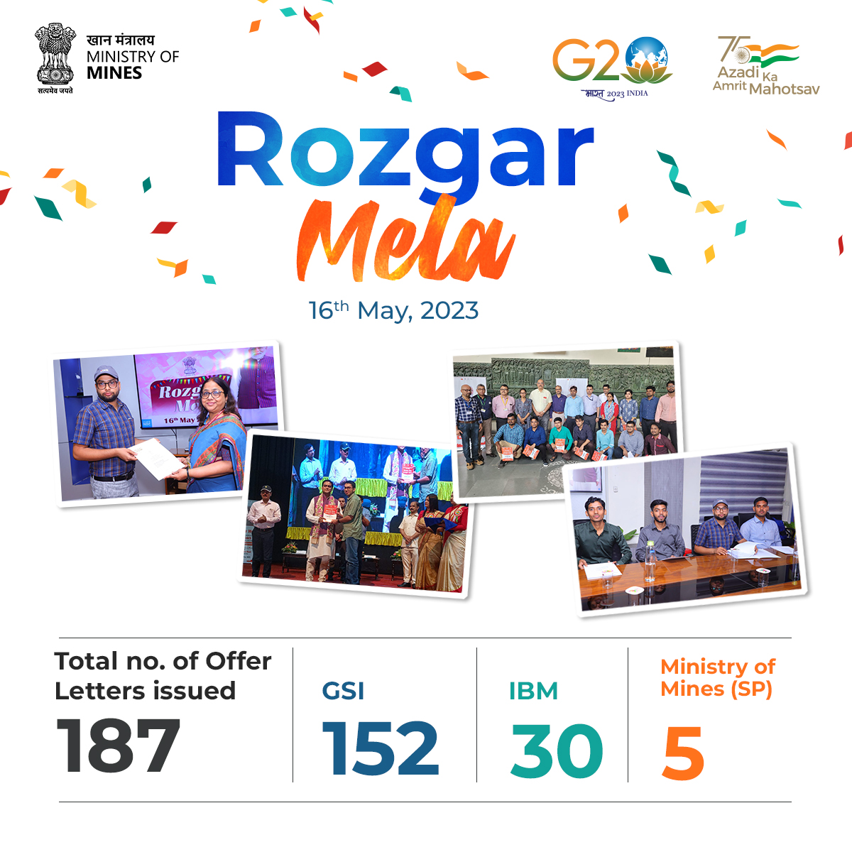 MinesMinIndia's tweet photo. As part of Mission Mode Recruitment announced by Hon’ble Prime Minister, in #RozgarMela held today a total number of 187 offer letters were issued by @MinesMinIndia.
@PMOIndia @JoshiPralhad @raosahebdanve @MSDESkillIndia @DoPTGoI https://t.co/qChxVaVaz7