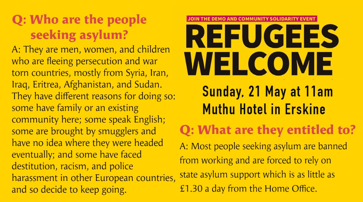 Join us on Sunday in Erskine as we stand together in solidarity against racism and to proudly declare 'Refugees Welcome here.'

📅 Sunday, 21 May
⏰ 11am
📍 Muthu Hotel 

All welcome! There will be music, food and stalls