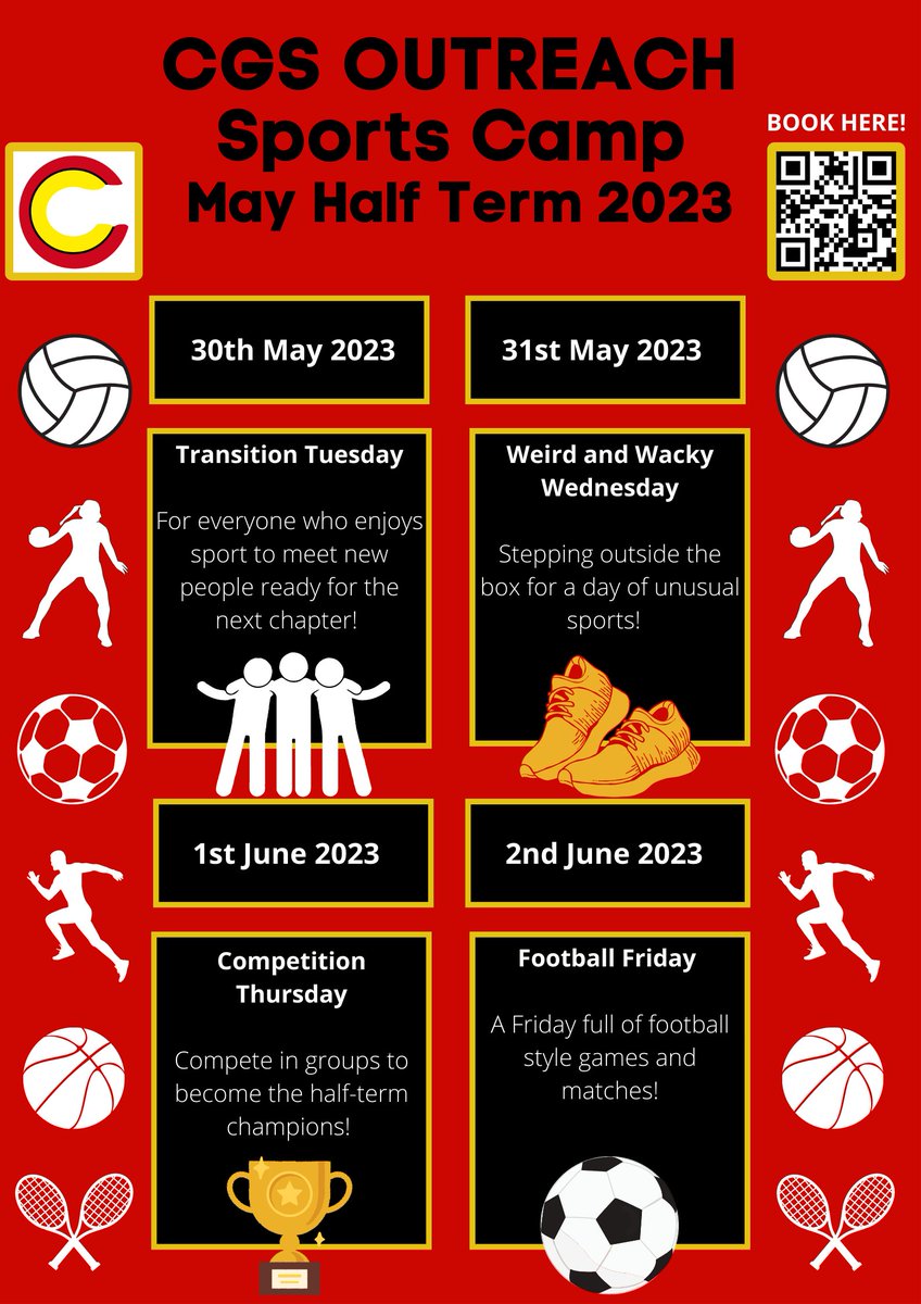 Our May Half Term Camp is just around the corner have a look and see what's on. Don't miss out!! £20 per day or 5 days for the price of 4 available⚽️🏓🏏🥍 Scan or click to book backoffice.bsport.io/login?membersh…