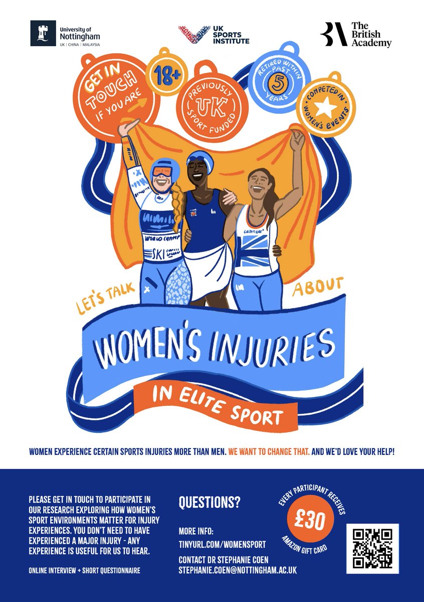 📢Pls share!

Women disproportionately experience certain sports injuries. We want 2 change that. And we’d love your help!🙌

We're looking 2 speak with recently retired women athletes in 🇬🇧 for our study on women's sport environments &amp; injury experiences➡️tinyurl.com/WomenSport