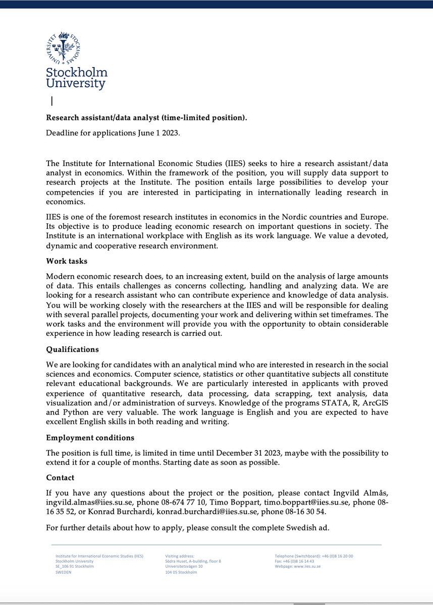 🚨Research Assistant Position🚨 Ingvild Almås, Timo Boppart, @bergerthor, @HannesMalmberg1 and I are looking for a research assistant to work with us on a project which investigates Sweden's spectacular economic growth during the late 19th century using establishment-level data.