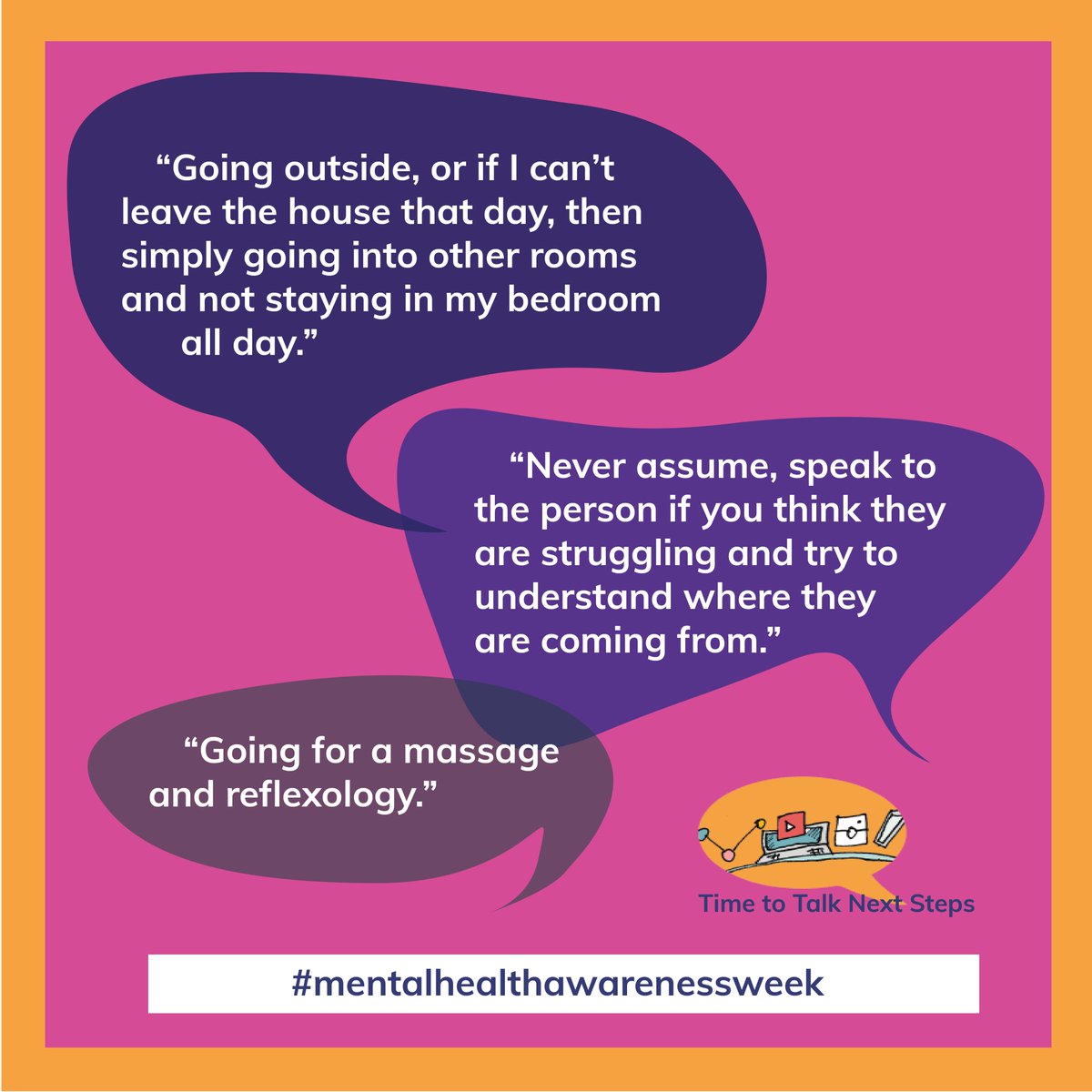 In the lead up to #MentalHealthAwarenessWeek2023 we asked young people from our Time to Talk Next Steps programme about #MentalHealth. These top tips are what our peer support group of 16-25 year olds with additional needs said 👇