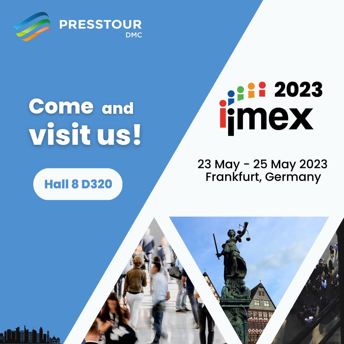 El día 23 arranca la feria de turismo MICE: #IMEX2023

Esther Rodríguez, 𝗗𝗠𝗖 𝗗𝗶𝗿𝗲𝗰𝘁𝗼𝗿, liderará la delegación de Presstour

Si vas a ir al Messe Frankfurt, podemos concertar una reunión

𝑷𝒓𝒆𝒔𝒔𝒕𝒐𝒖𝒓 𝑫𝑴𝑪, 𝒕𝒖 𝒔𝒐𝒄𝒊𝒐 𝒆𝒏 𝑬𝒔𝒑𝒂ñ𝒂 𝒚 𝑷𝒐𝒓𝒕𝒖𝒈𝒂𝒍