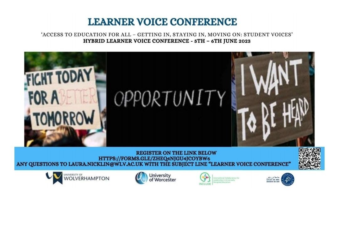 The agenda for the learner voice conference is looking great - are you joining us? @wlv_education @wlv_uni 'Access to Education for All - Getting In, Staying In, Moving On: Student Voices.' You can join us on campus or online - this is a hybrid event. #studentvoice #education