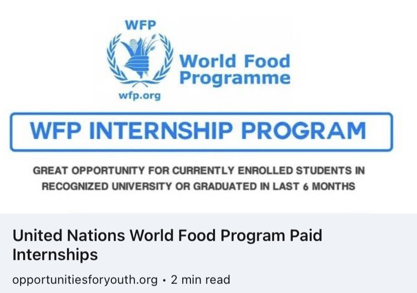 opportunitiesfy's tweet photo. Looking for an opportunity to gain experience in international development and relief work? Apply for the World Food Programme Internship 2022! Learn more and apply here: https://t.co/ulio7hxamE #work #opportunity #internship #internationaldevelopment #unitednations #paid https://t.co/sx02OoxZ5Q