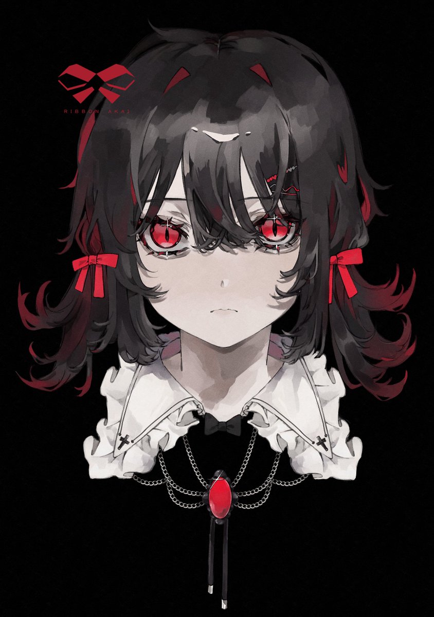 1girl solo red eyes black background black hair looking at viewer jewelry  illustration images