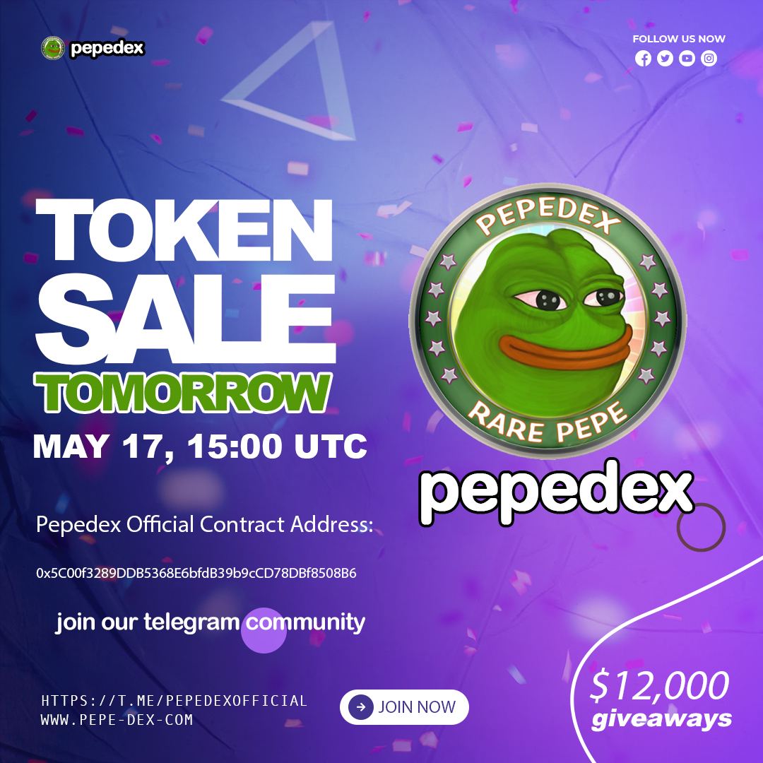 PEPEDexGlobal's tweet photo. Hello guys, 👍

We are excited to announce that the Pepedex token sale will take place tomorrow! 🎉🎉

🌫 Pepedex Official Contract Address: 🌫
0x5C00f3289DDB5368E6bfdB39b9cCD78DBf8508B6

🚀Keep tuned, Pepedex team. 👍

#pepe #pepecoin #pepedex #bnb https://t.co/B5ooz7KOyy
