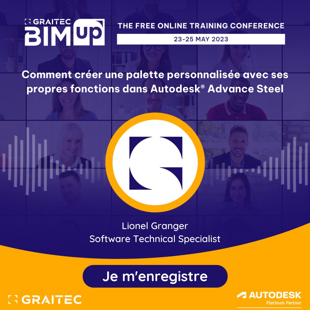 #GraitecBIMup CONFERENCE du 23 au 25 MAI : + 200 sessions gratuites en ligne.
👉Session 📆 Jeudi 25 mai ⌚à 14h00 : Comment créer une palette personnalisée avec ses propres fonctions dans #Autodesk®AdvanceSteel 📢En savoir + : bit.ly/40oAjvf
#BIM #Graitec #Autodesk