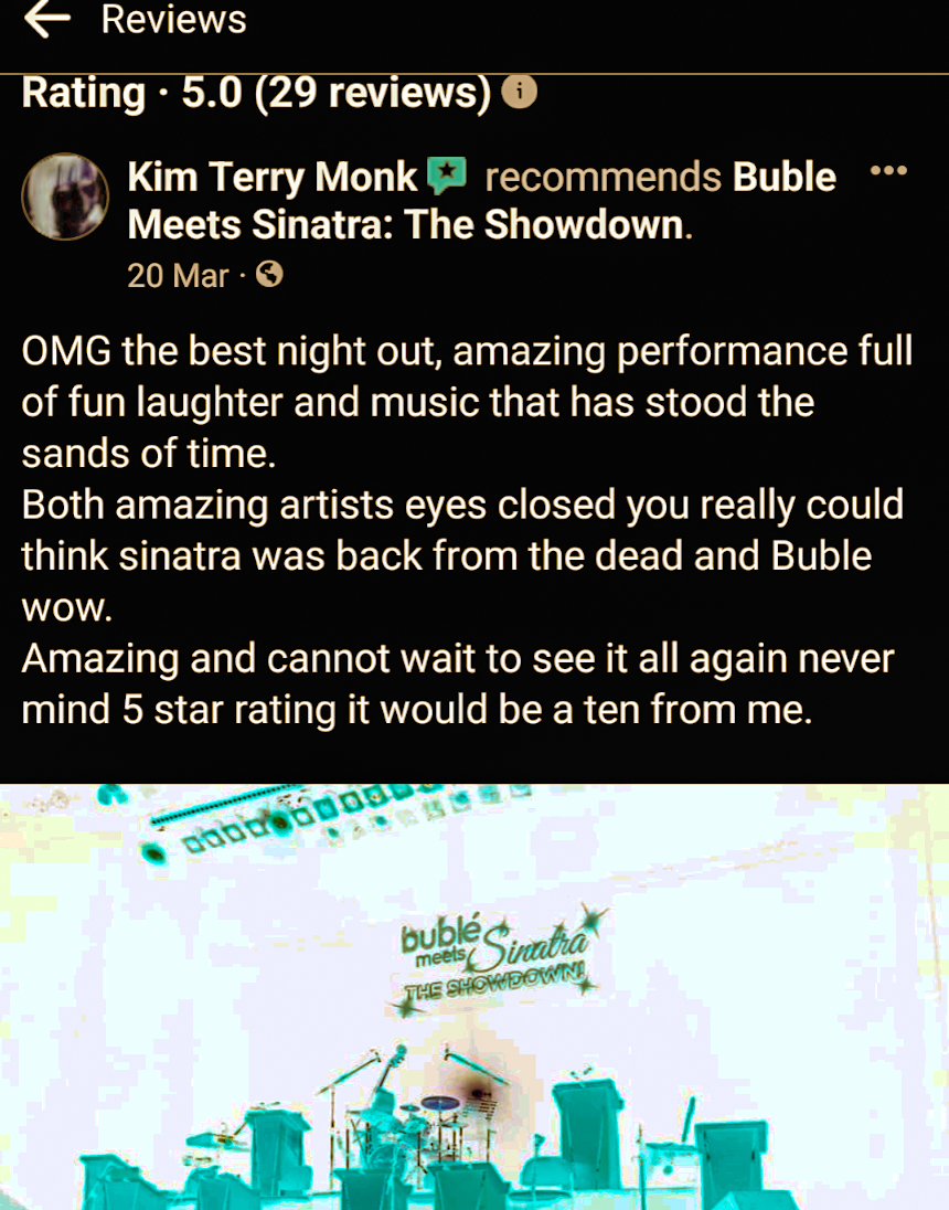 BubleMetSinatra's tweet photo. 👀"Never mind a ⭐️⭐️⭐️⭐️⭐️rating, it would be a ten from me."👀...thanks, Kim Monk😍  >Grab your tickets for this Saturday @hazlitt_theatre  #Maidstone here 👇

https://t.co/7IVFuCZcBe https://t.co/kKb6YyJU5U