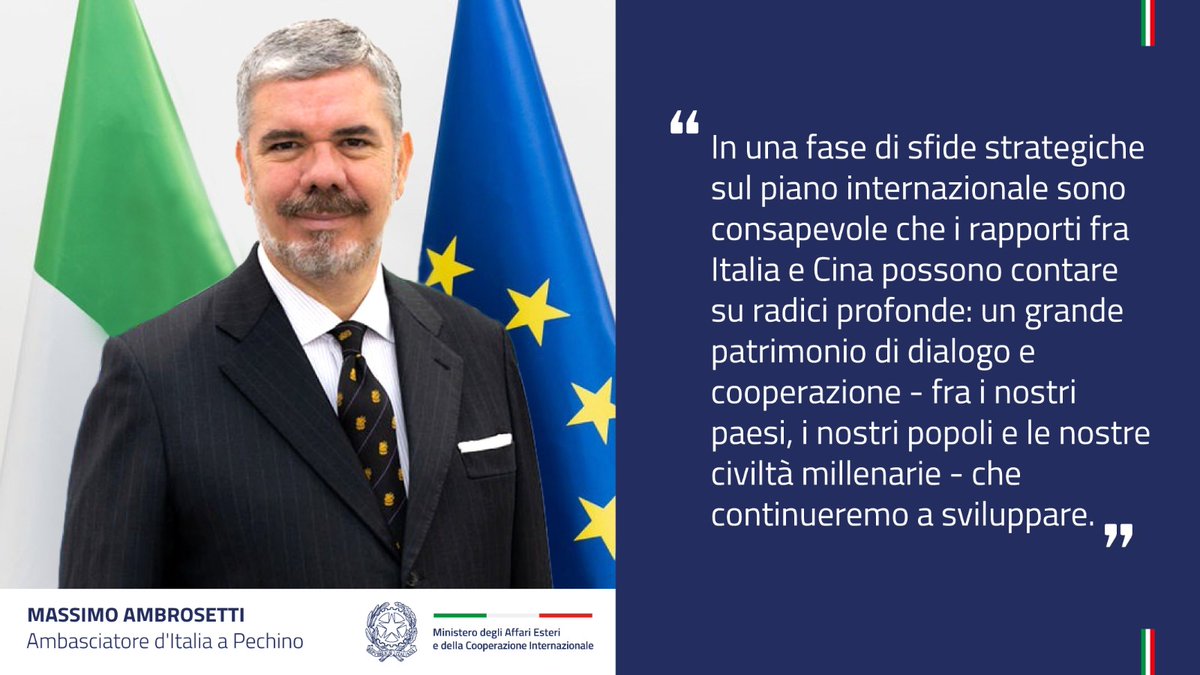 ItalyMFA's tweet photo. Congratulazioni a Massimo Ambrosetti, nuovo Ambasciatore d'Italia a Pechino 🇮🇹🤝🇨🇳

@ItalyinChina https://t.co/ekot6WfJ2u