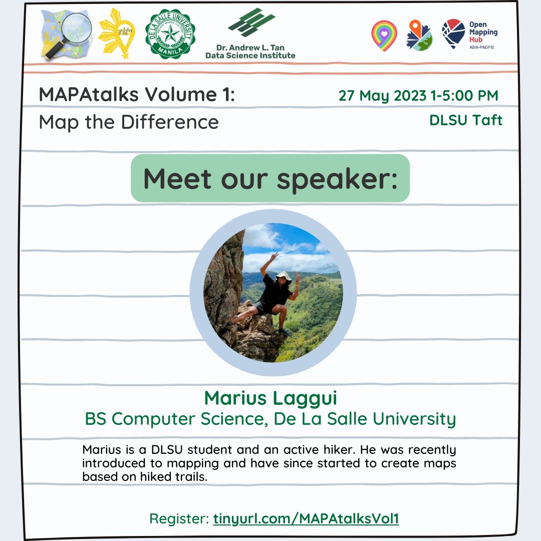 geoladiesph's tweet photo. @c_mmdr @geoleighyers @dfeyeandal @arnalielsewhere @mikkotamura @mapbeks @youthmappers @openmapping_ap @dlsu_altdsi Meet our speaker: Marius Laggui
Marius is a DLSU student and an active hiker. He was recently introduced to mapping and have since started to create maps based on hiked trails.
Register now!
๐https://t.co/xVRHWOW5pp
#opendata #openmapping #openstreetmap #mapthedifference https://t.co/RFetW0XYhh