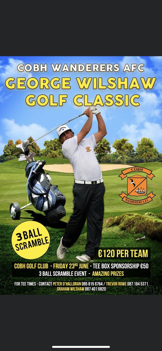 Our Annual Golf Classic Will Be held in Cobh Golf Club on the 23rd June. Always a great day so if anyone is interested please contact me or any committee member. 

Tee Box Sponsorship is also available for €50 each through the below link

klubfunder.com/Clubs/Cobh_Wan…