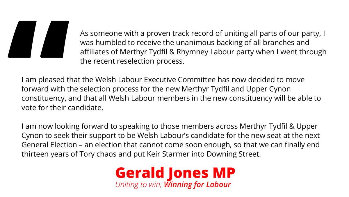 Gerald Jones MP 🇬🇧🏴🏳️🌈 (@geraldjoneslab) on Twitter photo I'm standing to be <a href="/WelshLabour/">Welsh Labour</a>'s candidate for the new Merthyr Tydfil & Upper Cynon constituency.
To find out more about my campaign, and to get involved, please visit 👇
geraldjones.co.uk/merthyrcynon/ I'm standing to be <a href="/WelshLabour/">Welsh Labour</a>'s candidate for the new Merthyr Tydfil & Upper Cynon constituency.
To find out more about my campaign, and to get involved, please visit 👇
geraldjones.co.uk/merthyrcynon/