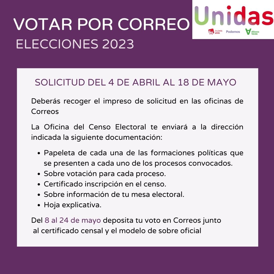 𝐕𝐨𝐭𝐨 𝐩𝐨𝐫 𝐜𝐨𝐫𝐫𝐞𝐨 📩 Hasta el día 18 puedes solicitar el voto por correo si no vas a estar el 28 de mayo. 
Puedes solicitarlo en 👉 correos.es/es/es/particul…
#unidasporguadalajara #unidasguadalajaraprovincial #otraformaesposible #votoporcorreo  #elecciones2023