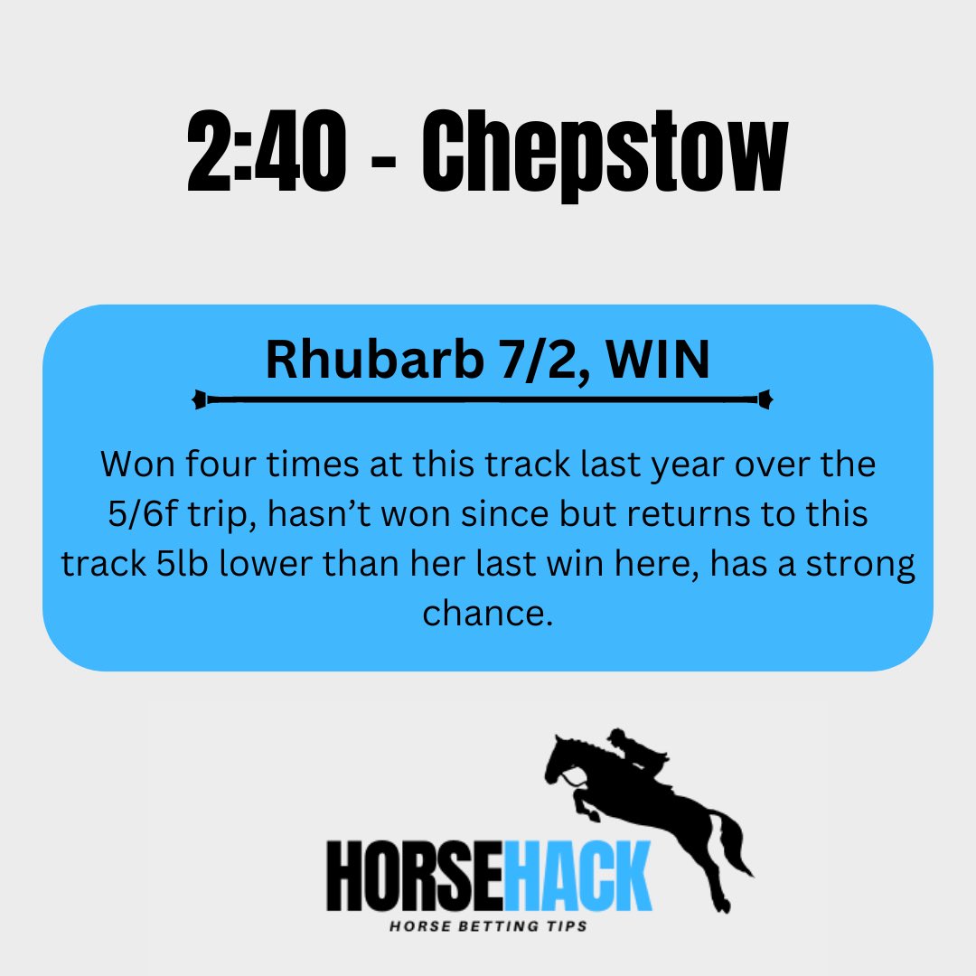 2:40 - Chepstow, Rhubarb 7/2 WIN.

#Chepstow #HorseRacing #HorseRacingUK