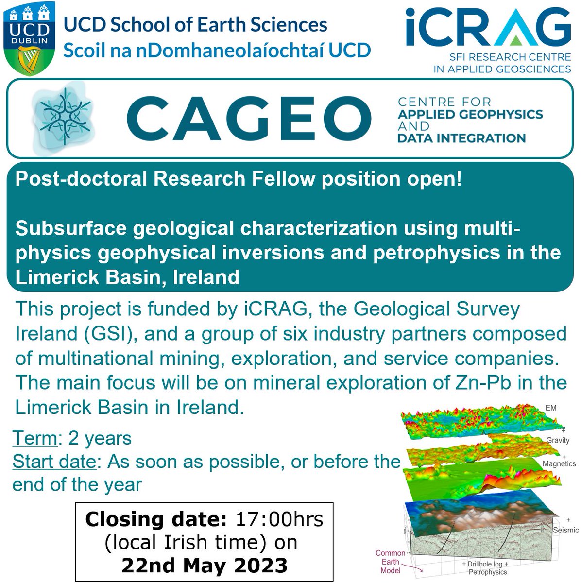 Job alert! 📣 Post-doctoral position open! Apply here: my.corehr.com/pls/ucdrecruit… Search by Reference Number  015824 Closing date: 17:00hrs (local Irish time) on 22nd May 2023 @iCRAGcentre @UCD_Earth_Sci #postdoc #Science #geophysics