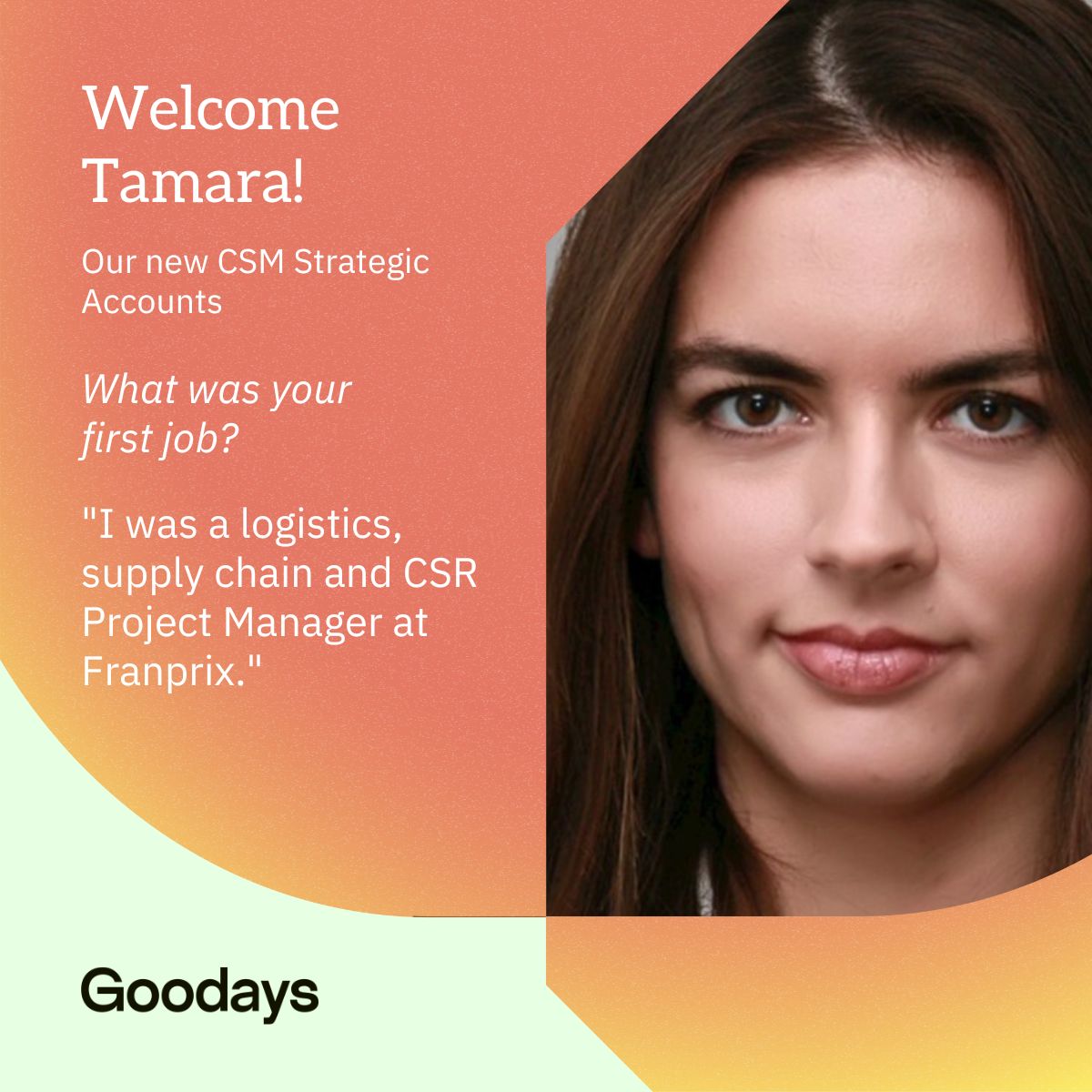 Hello, Bonjour and Welcome to Tamara, who joins us as #CSM of Strategic Accounts this week 👋

We're excited to have you join the <a href="/GoodaysHQ/">Goodays (ex-Critizr)</a> team!

#NewStarter #Welcome #HRcommunity #CompanyCulture