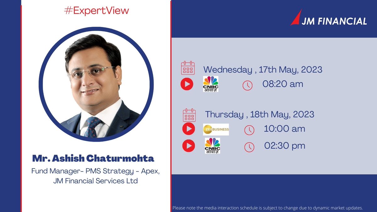 JMFL_group's tweet photo. Do watch @AshishChatur Fund Manager- PMS Strategy - Apex, @JMFSLtd live on the below media interactions this week.
@CNBC_Awaaz @ZeeBusiness
#JMFinancial #50YearsOfJMFinancial #expertspeak #mediainteration #leadership https://t.co/2f56zVqp75