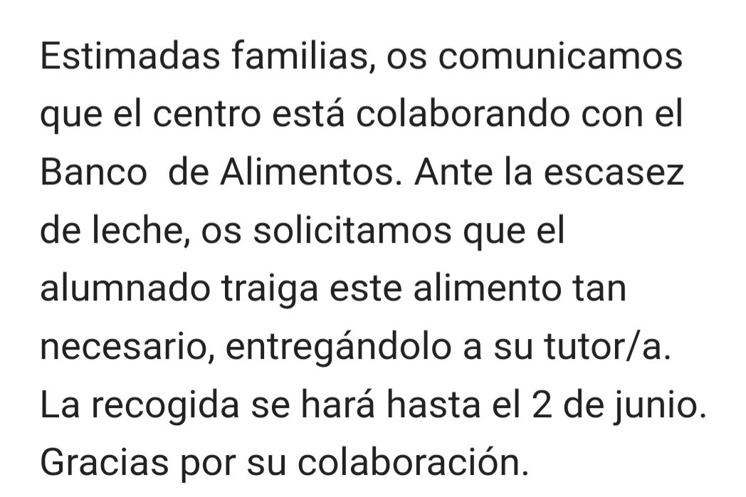 ampabaleares's tweet photo. Estimadas familias, os comunicamos que el @ceipmediterraneo  está colaborando con el #bancodealimentos 💚

Ante la escasez de leche 🥛 os solicitamos que el alumnado traiga este alimento tan necesario, entregándolo a su tutor/a.

¡Gracias por vuestra colaboración! 🙏 https://t.co/UDUbmVp36c