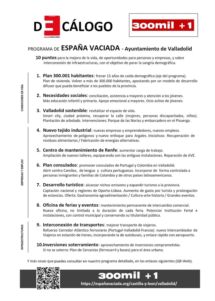 espanavaciadaVA's tweet photo. España Vaciada presenta su decálogo #300mil+1
Con la intención de mejorar la vida de nuestros ciudadanos y para dar oportunidades a nuestros jóvenes y al mundo empresarial.
Vota a España Vaciada Valladolid!!
Vota a José Víctor Hernández candidato a la alcaldía de Valladolid ! https://t.co/7NbkdvTmAJ
