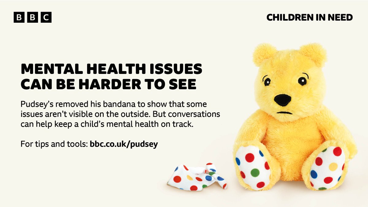 Pudsey’s removed his iconic bandana to show mental health issues are often less visible. We're supporting @BBCCiN’s ‘Behind the Bandana’ campaign to encourage conversations to help keep a child’s mental health on track.

For tips go to: bbc.co.uk/pudsey

#cin #pudsey #mhaw