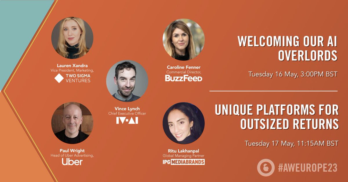 The IV.AI London office is buzzing this week with the Welcoming our AI Overlords panel featuring   <a href="/BuzzFeedNews/">BuzzFeed News</a> and <a href="/TwoSigmaVC/">Two Sigma Ventures</a>, followed by Unique Platforms for Outsized Returns featuring <a href="/Uber/">Uber</a> and <a href="/InterpublicIPG/">Interpublic Group</a> see more info here advertisingweek.com/event/aweurope…
