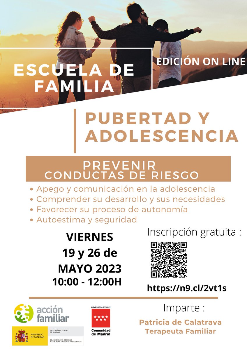 Si tienes hij@s en las etapas de pubertad y adolescencia, te interesa inscribirte en las charlas gratuitas que la organización Acción Familiar imparte los dos próximos viernes 19 y 26 demayo. Inscripciones: en el código QR del cartel o en la dirección n9.cl/2vt1s.