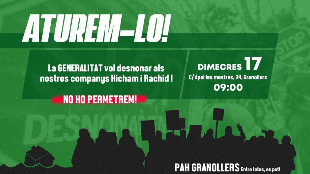 ⚠️ ALERTA DESNONAMENT
Demà la Generalitat vol desnonar a dos companys de la PAH. Nosaltres hi serem, organitzant-nos en la lluita per un accés universal a l'habitatge.