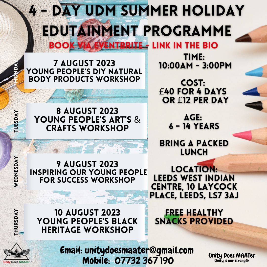 📣Calling all parents Exciting news! 🌟4-day young people's program in August is here to engage and empower your children tinyurl.com/4zn9m6ax🎨📚✂️Join us for arts, crafts, product making, black history, financial literacy #YouthEmpowerment #ArtsandCrafts #BlackHistory